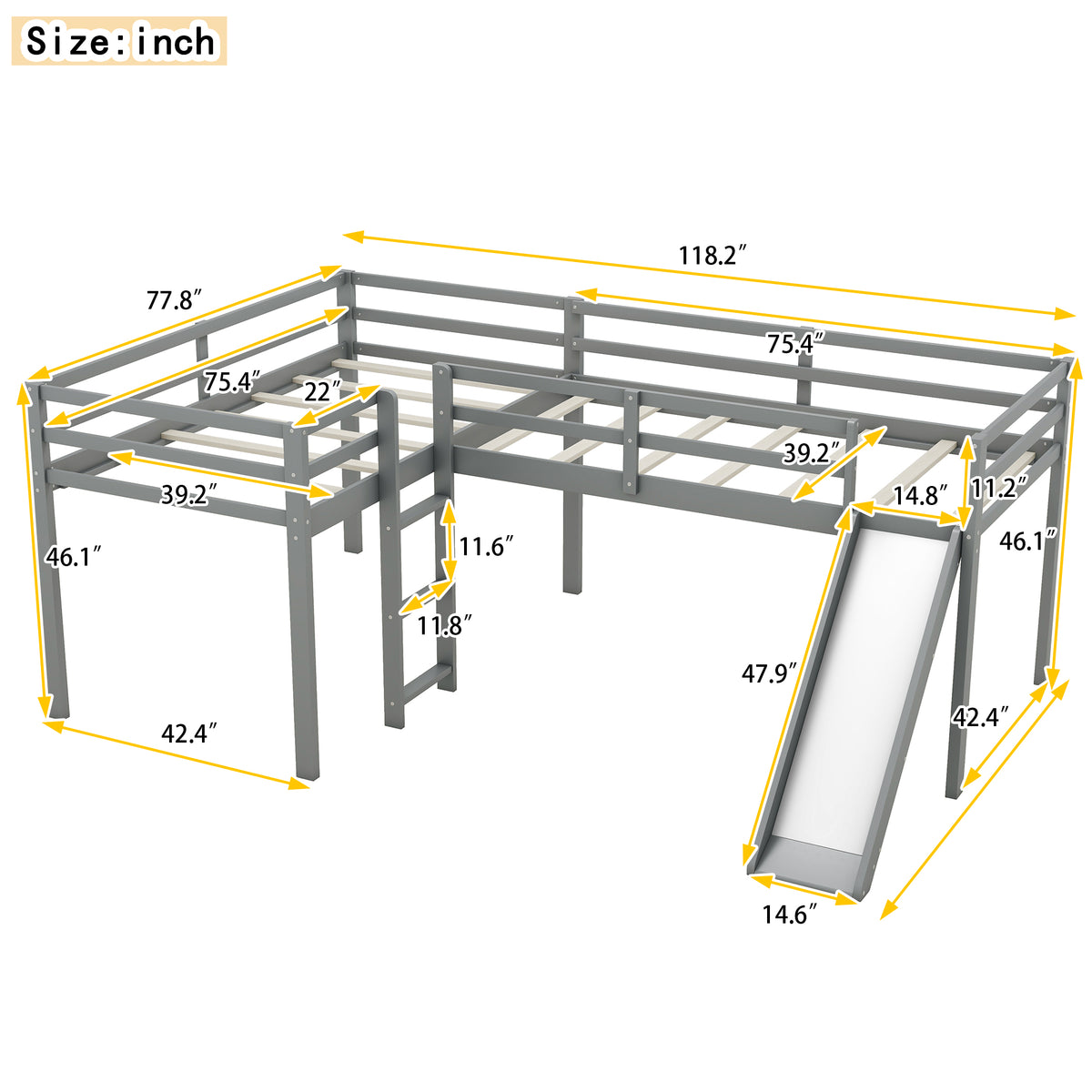 L-Shaped Twin Loft Bed with Slide Gray