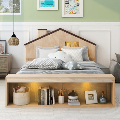 Full Platform Bed with LED Headboard – Natural Wood