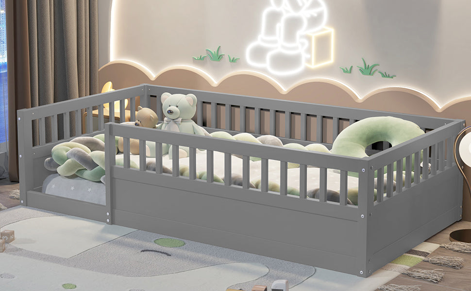 Gray Kids Floor Bed Frame with Fence