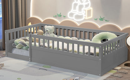 Gray Kids Floor Bed Frame with Fence
