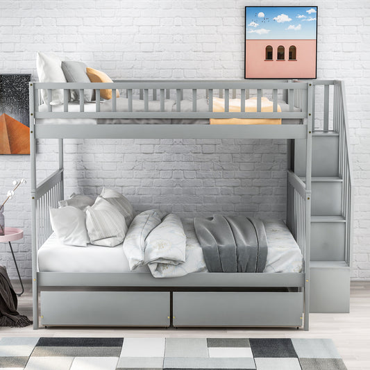 Full Bunk Bed with Storage Drawers Gray