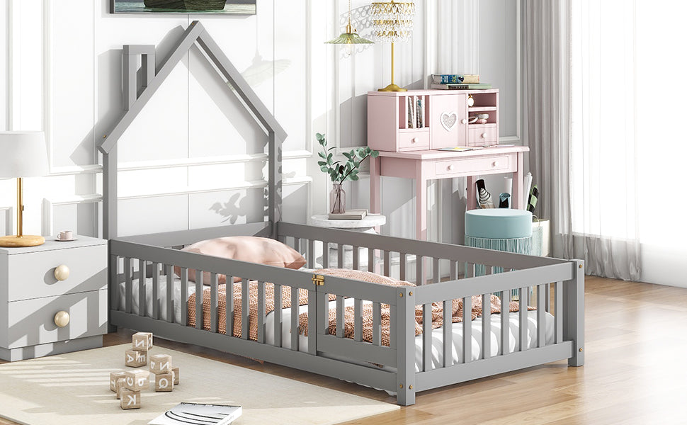 Twin House Bed with Fence Gray