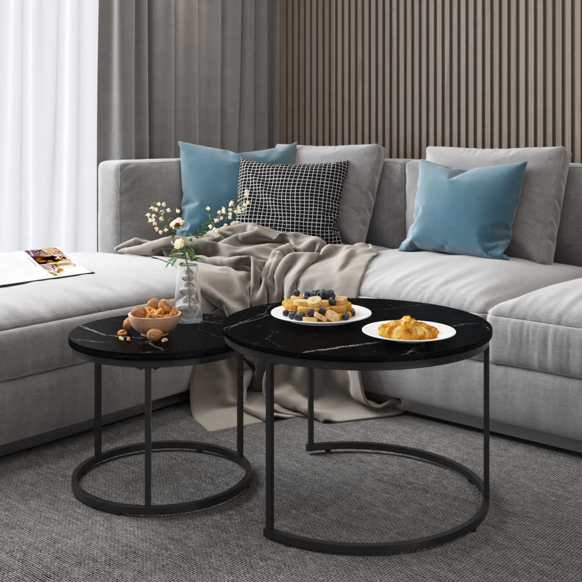 Nesting Coffee Tables Set of 2 Black Marble Top