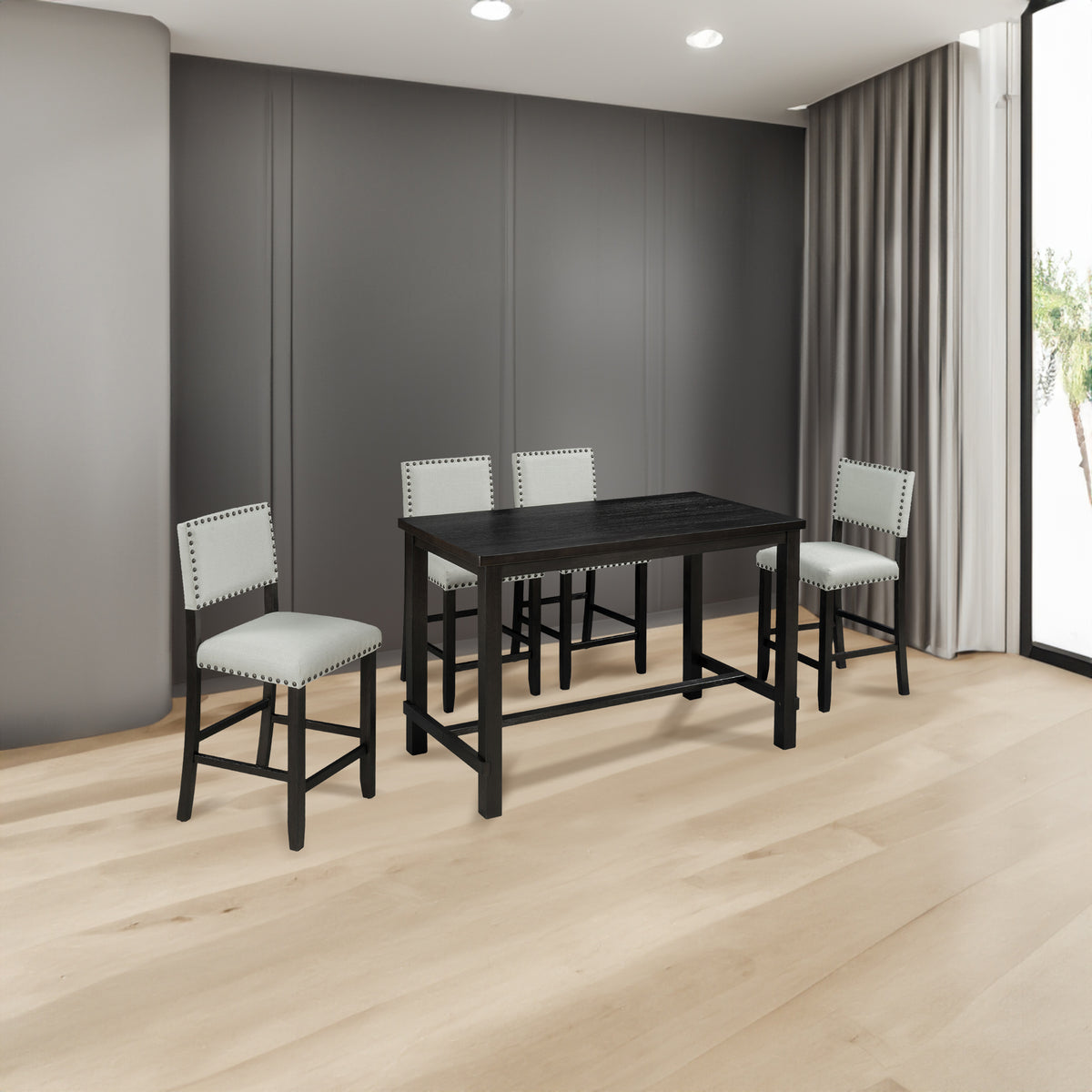 Espresso 5-Piece Counter Height Dining Set – Solid Wood Table with Upholstered Chairs