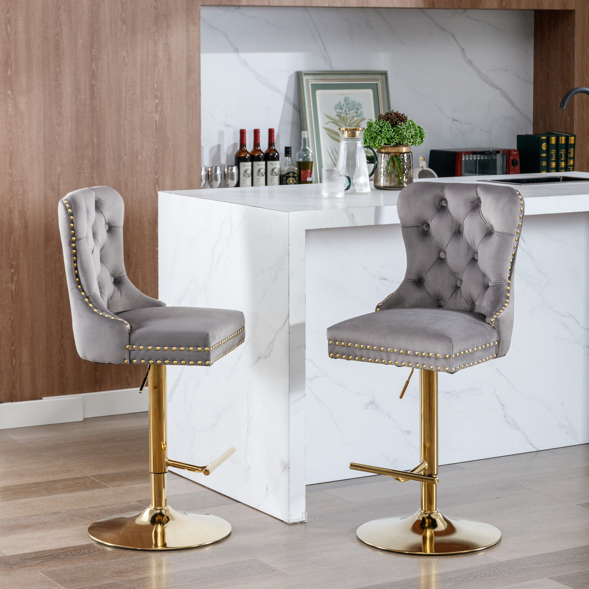 Adjustable Velvet Bar Stool Set of 2 Gray