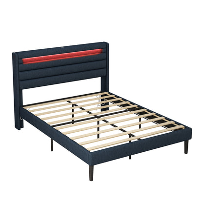 Queen Bedframe with Linen Wrapped LED Headboard Blue