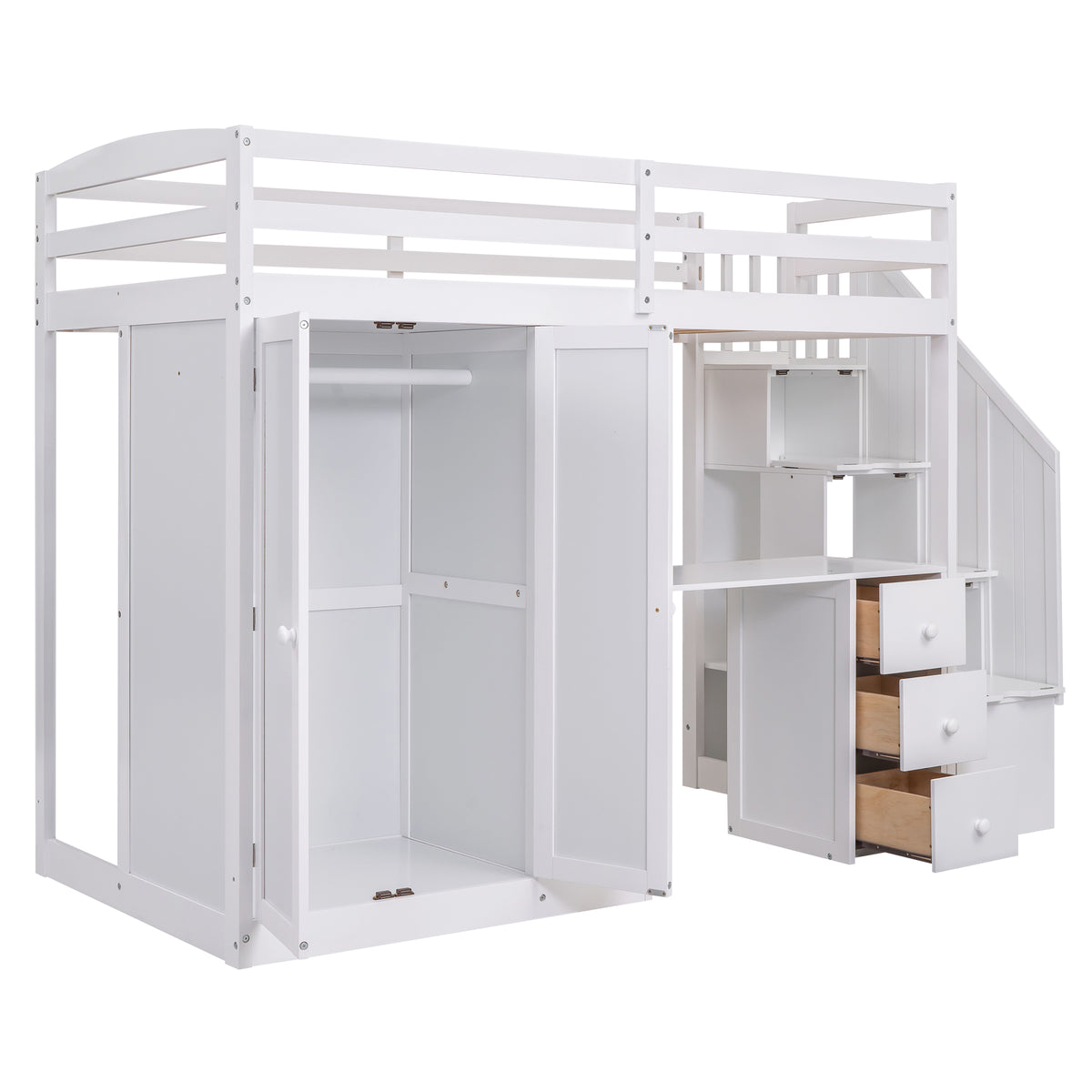 Loft Bed with Wardrobe and Storage Drawers White