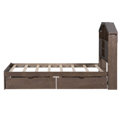 Twin Platform Bed with Storage Drawers Walnut