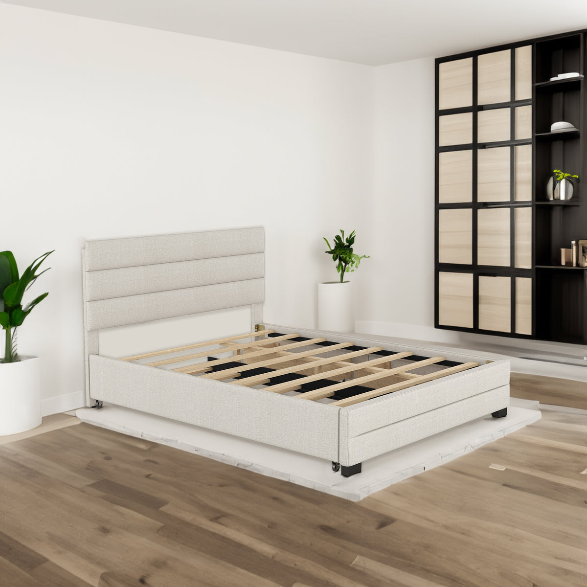 Queen Upholstered Bed with Twin Size Trundle Beige
