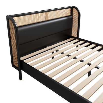 Cannage Rattan Queen Platform Bed Black Finish