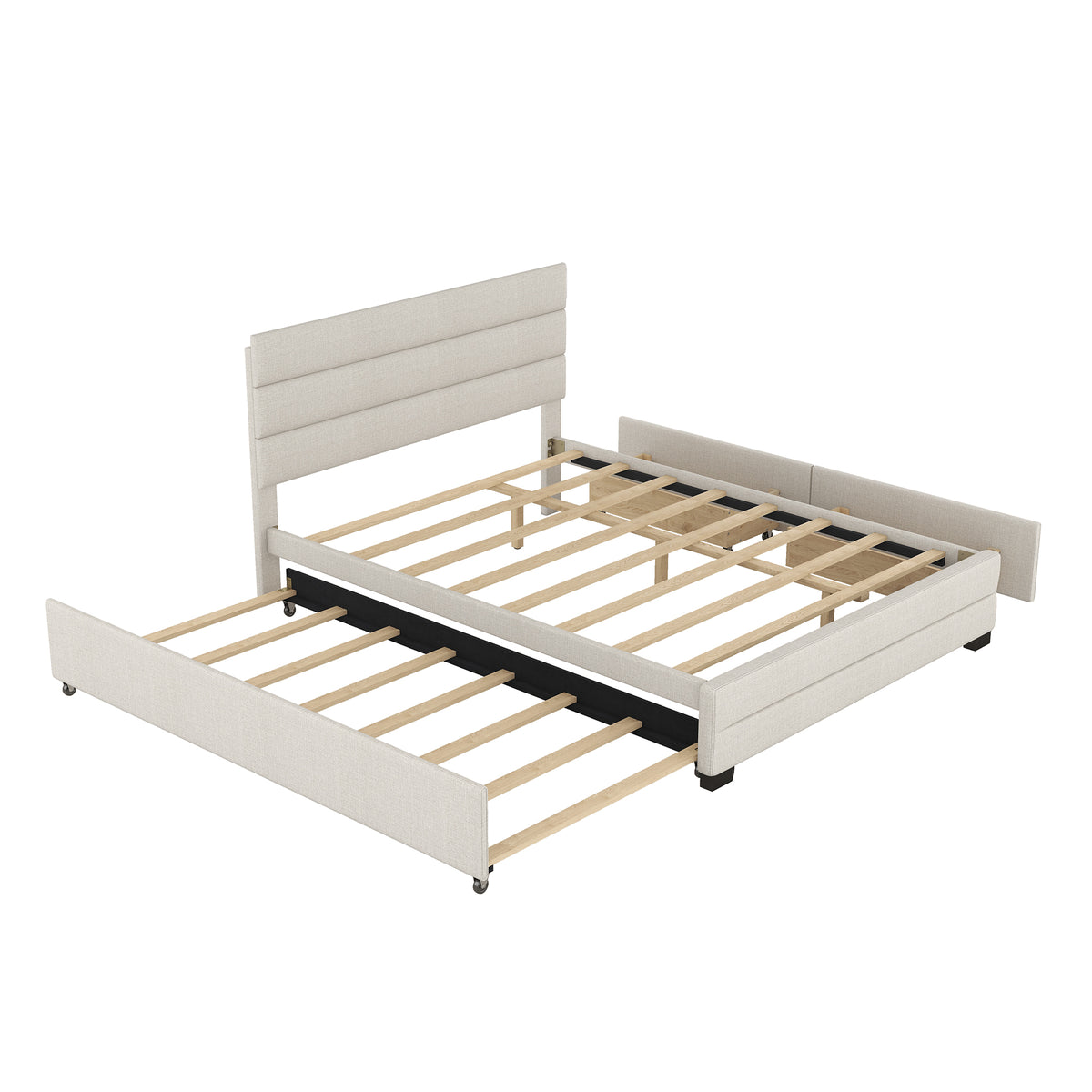 Queen Upholstered Bed with Twin Size Trundle Beige