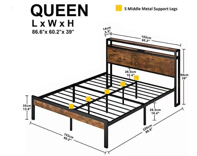 Metal Platform Bed with USB Liner Beige