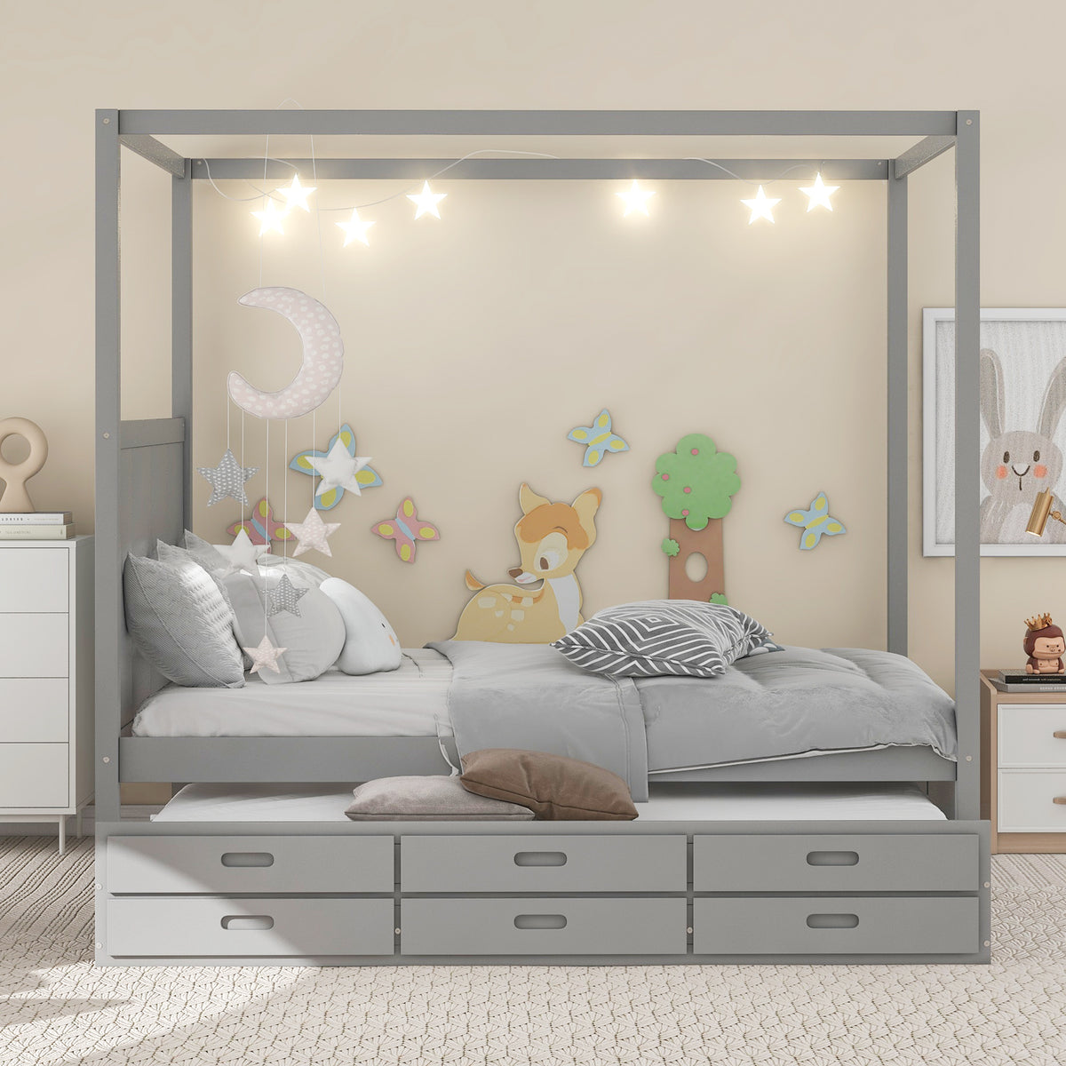 Queen Canopy Platform Bed with Drawers Gray