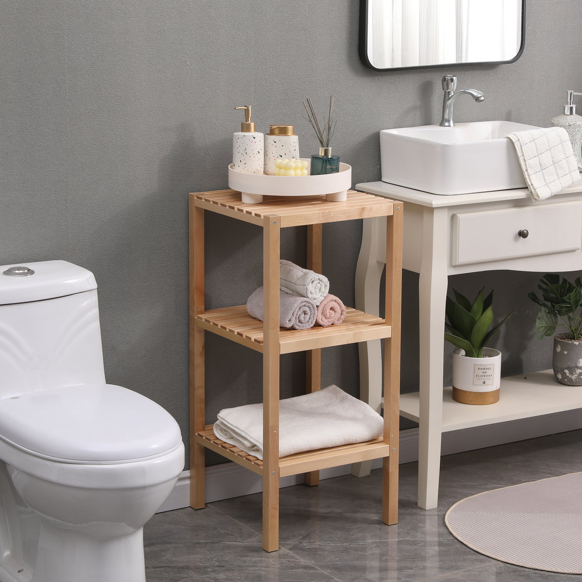 3-Tier Birch Bathroom Shelf with Storage Racks