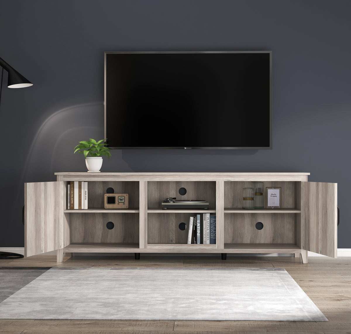 Grey Walnut TV Stand with Storage Cabinets and Media Shelf