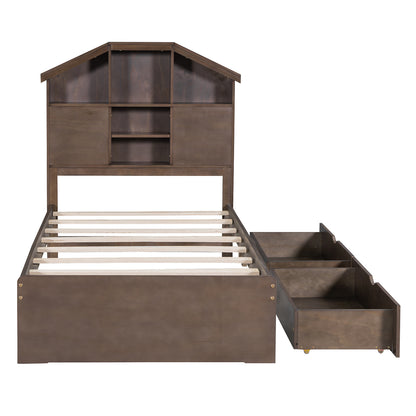 Twin Platform Bed with Storage Drawers Walnut
