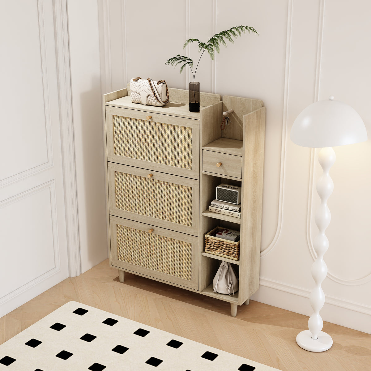 Bohemian Shoe Cabinet with Rattan Flip Drawers Natural