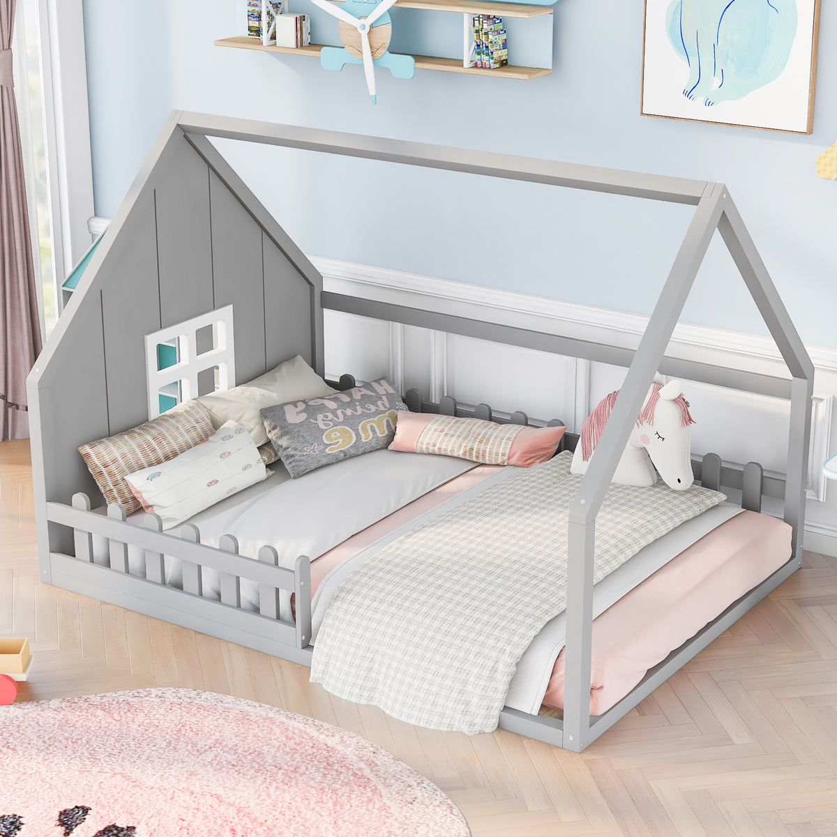 Full House Bed with Window Gray