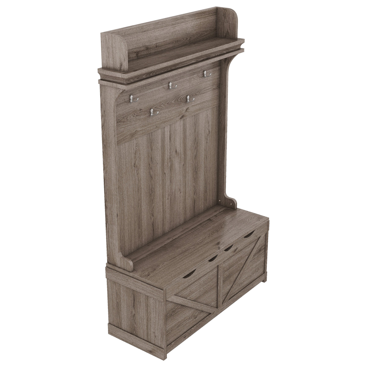 Oak Hall Tree with Hooks, Shelves, and Storage Bench