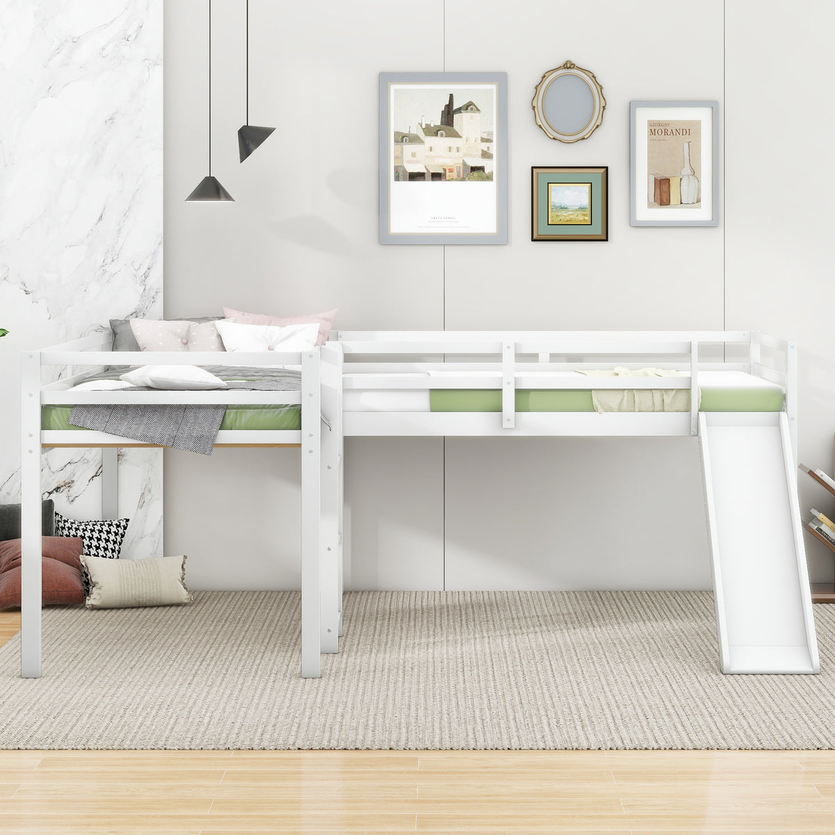 L-Shaped Twin Loft Bed with Slide White