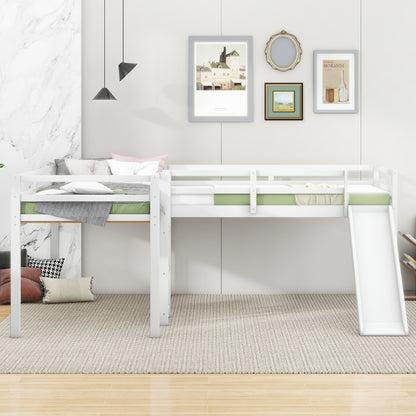 L-Shaped Twin Loft Bed with Slide White