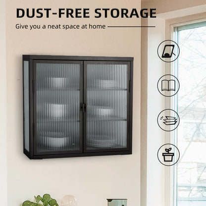 Retro Double Glass Wall Cabinet with Detachable Shelves White