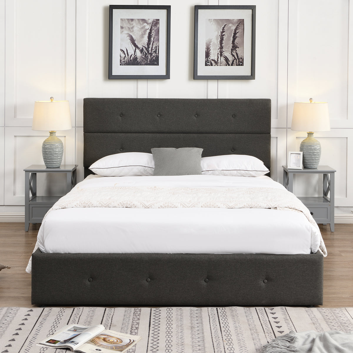 Upholstered Platform Bed with Storage Gray