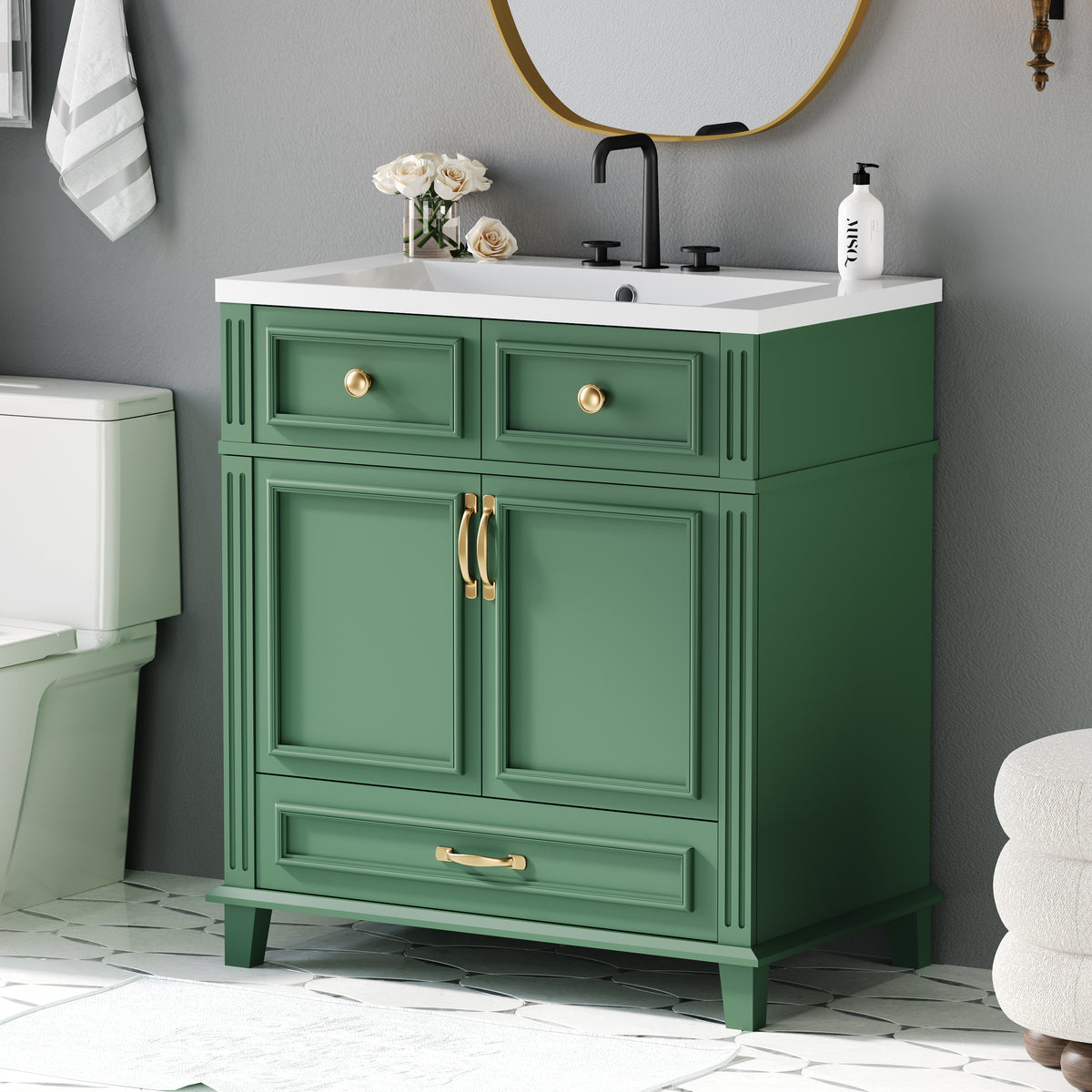 30-Inch Solid Wood Bathroom Vanity with Sink Green