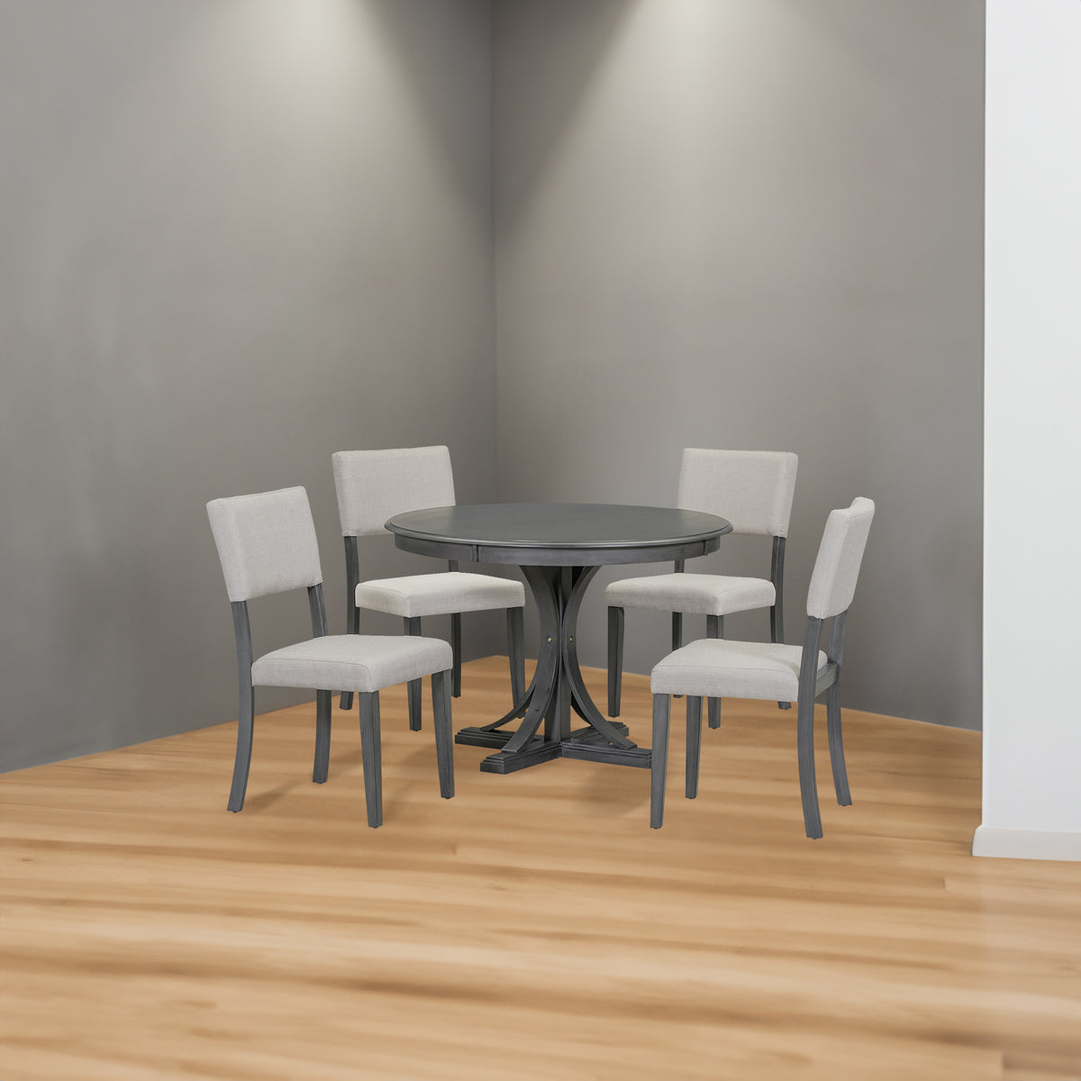 Dark Gray 5-Piece Round Dining Set – Solid Wood Table with Upholstered Chairs