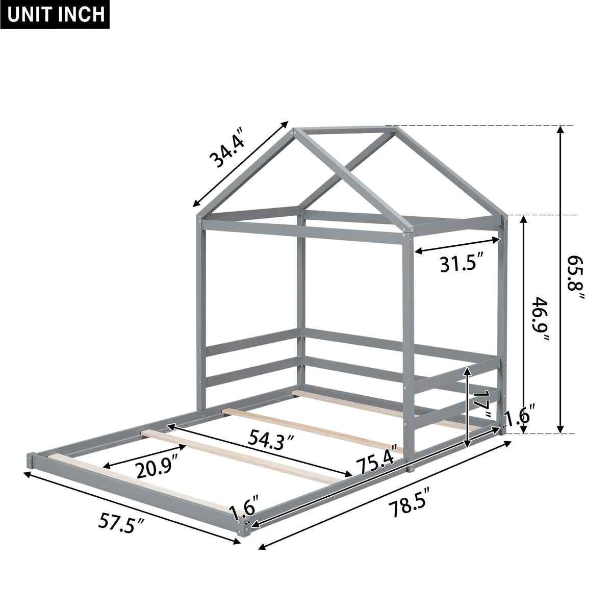 Full House Bed with Guardrail Gray