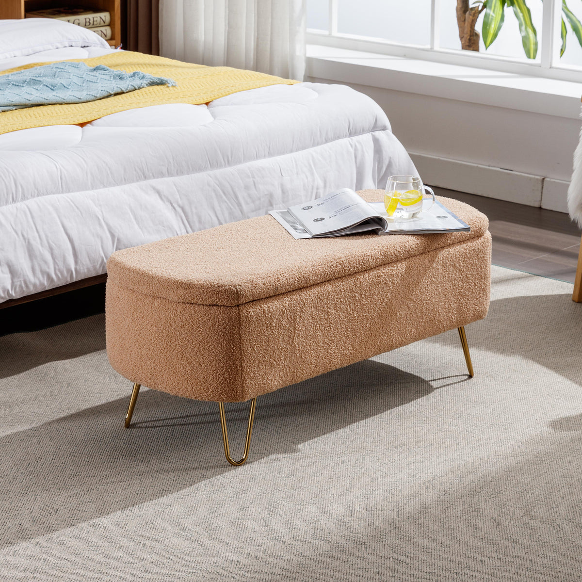 Camel Ottoman Bench with Gold Legs