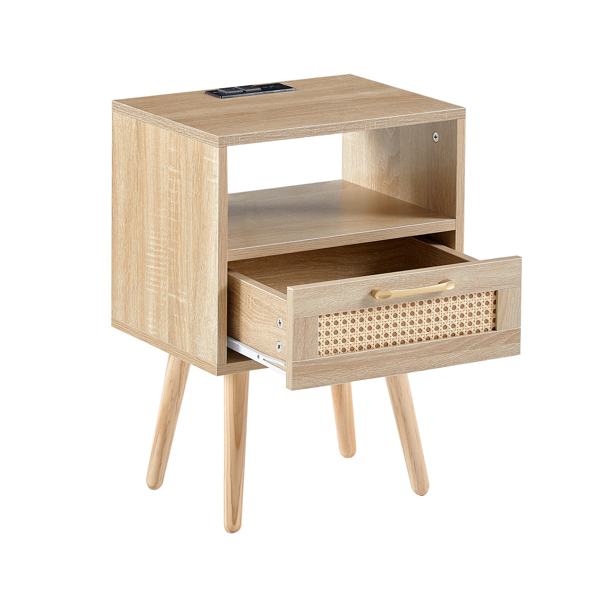 Rattan End Table with USB Ports and Drawer