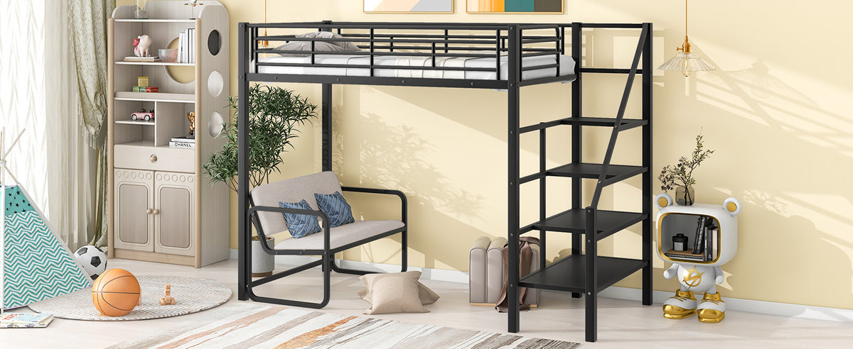 Twin Metal Loft Bed with Storage Black