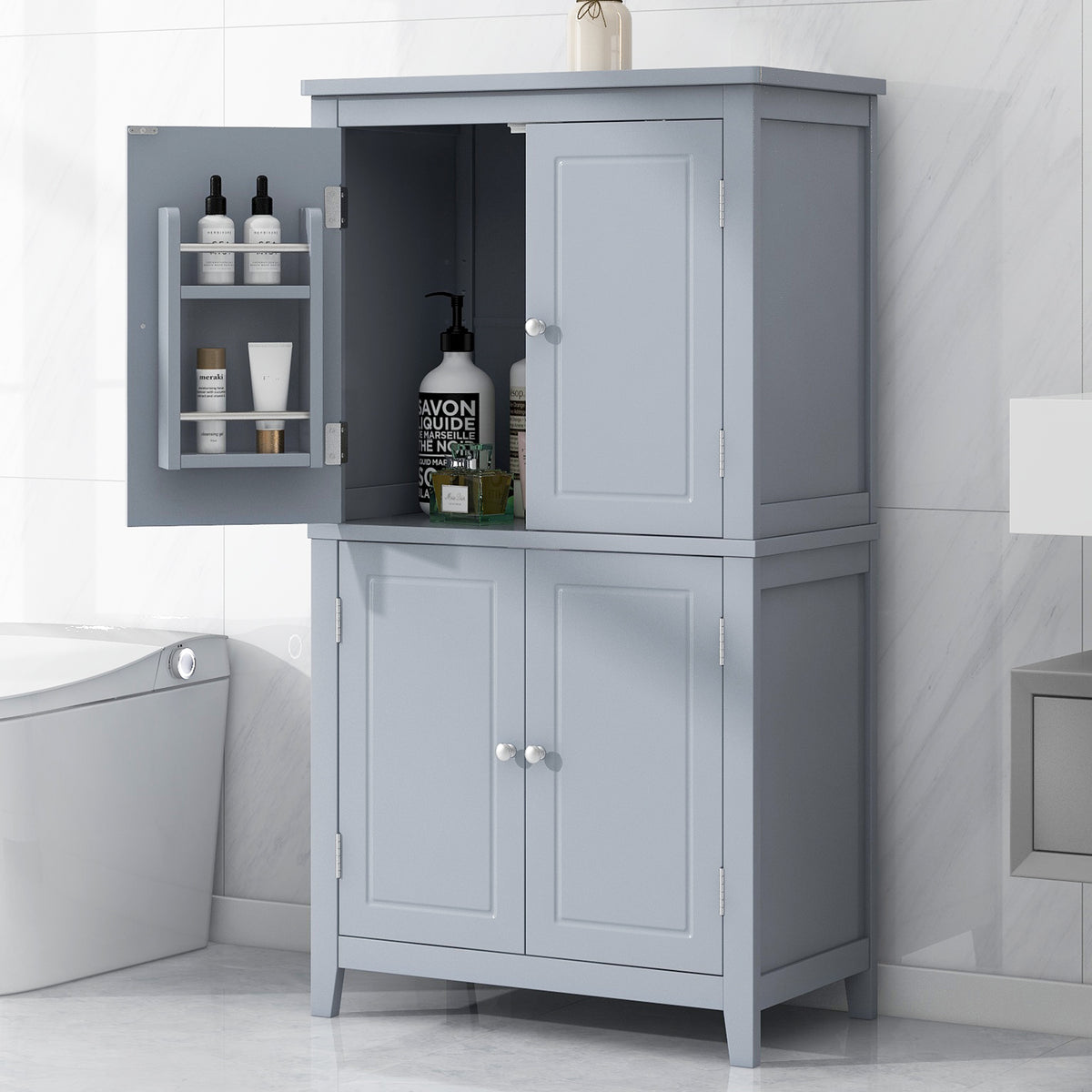 Gray Bathroom Floor Cabinet with Adjustable Shelves