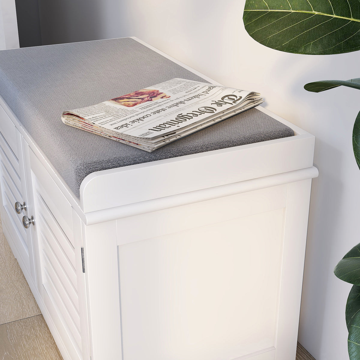 Entryway Storage Bench with Cushion – White