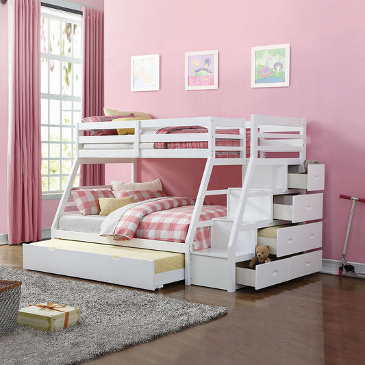 Mojo Twin/Full Bunk Loft Bed W/Trundle & Storage - White