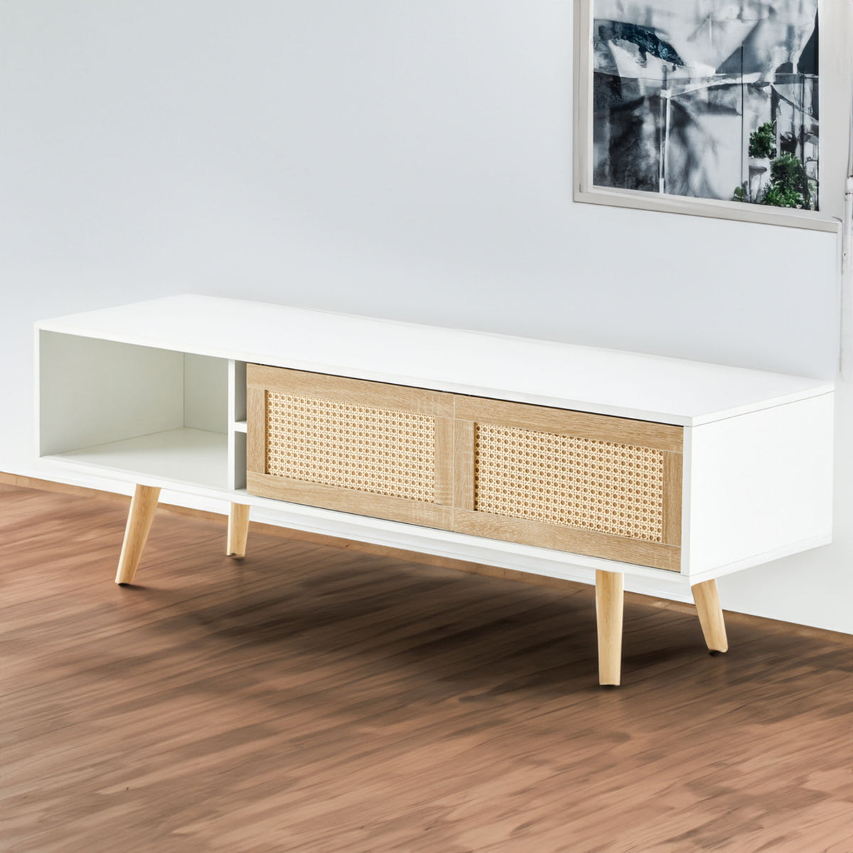 Rattan TV Cabinet with Adjustable Shelves White