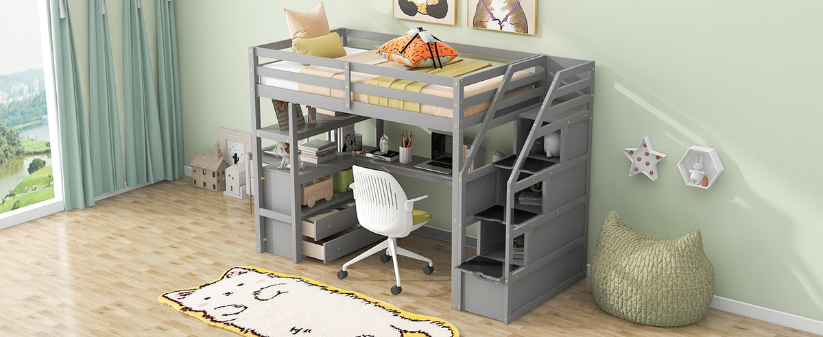Twin Loft Bed with Storage Gray