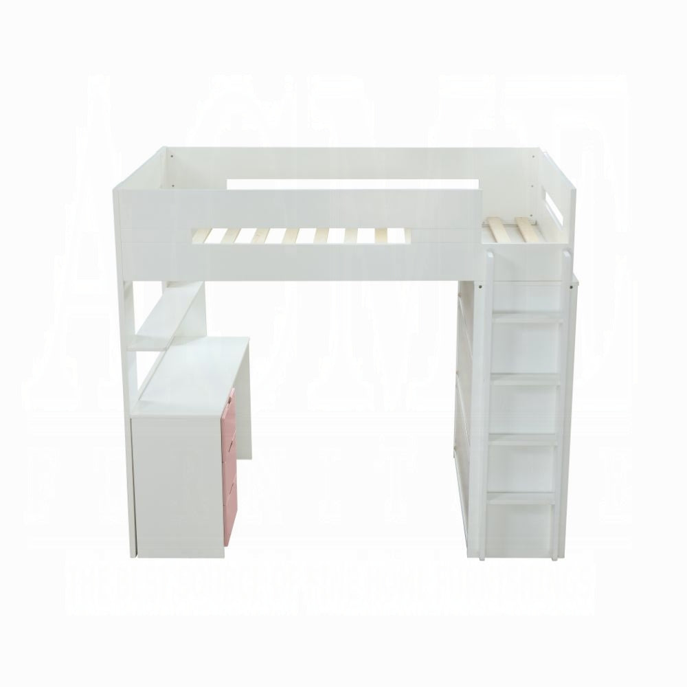 Lilo Twin Bunk/Loft Bed W/Workstation & Wardrobe - White/Pink