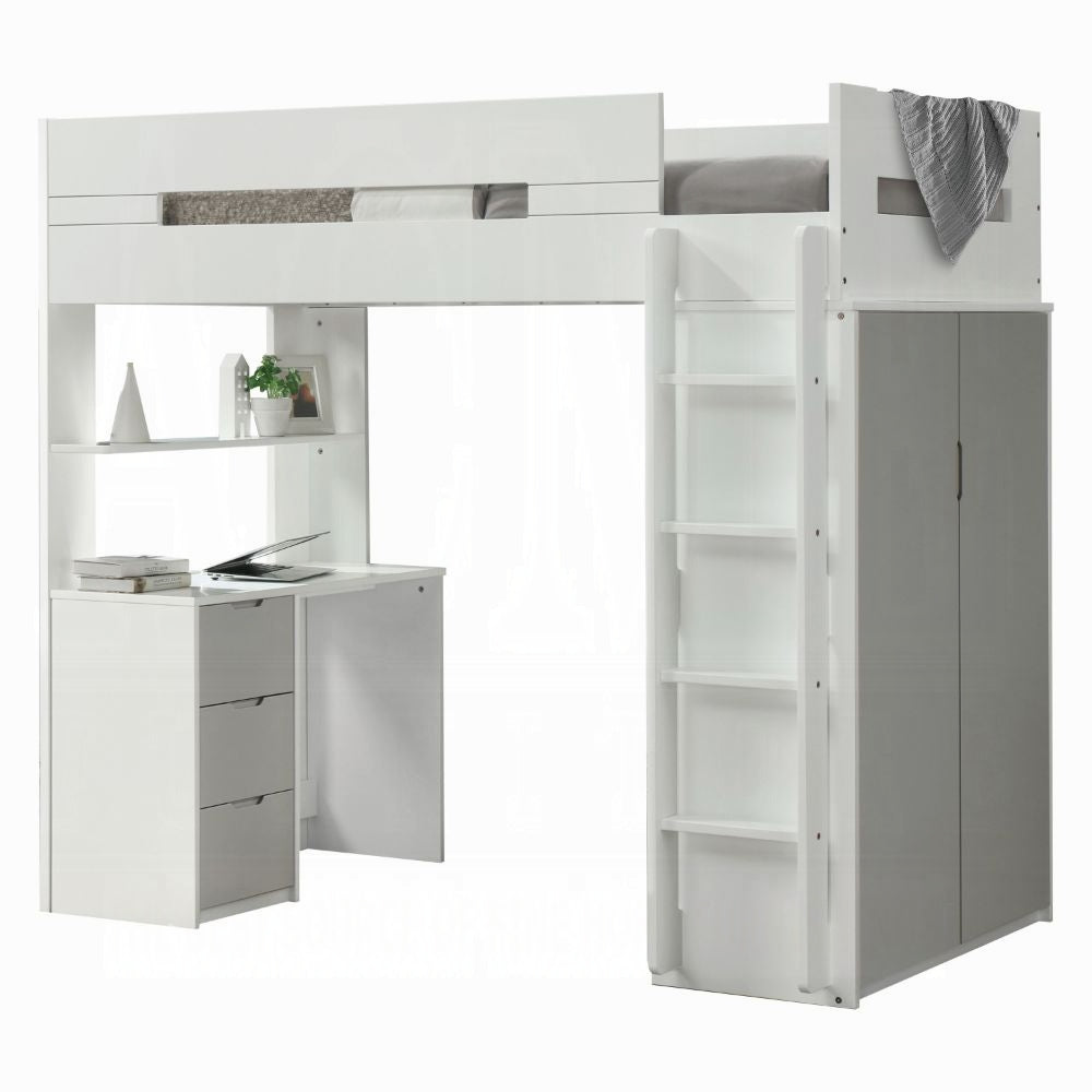 Lilo Twin Bunk/Loft Bed W/Workstation & Wardrobe - White/Grey
