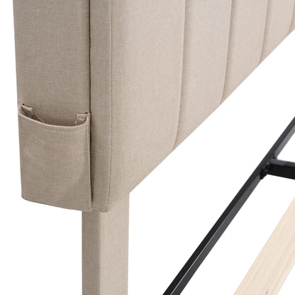 Queen Linen Platform Bed with Storage Beige