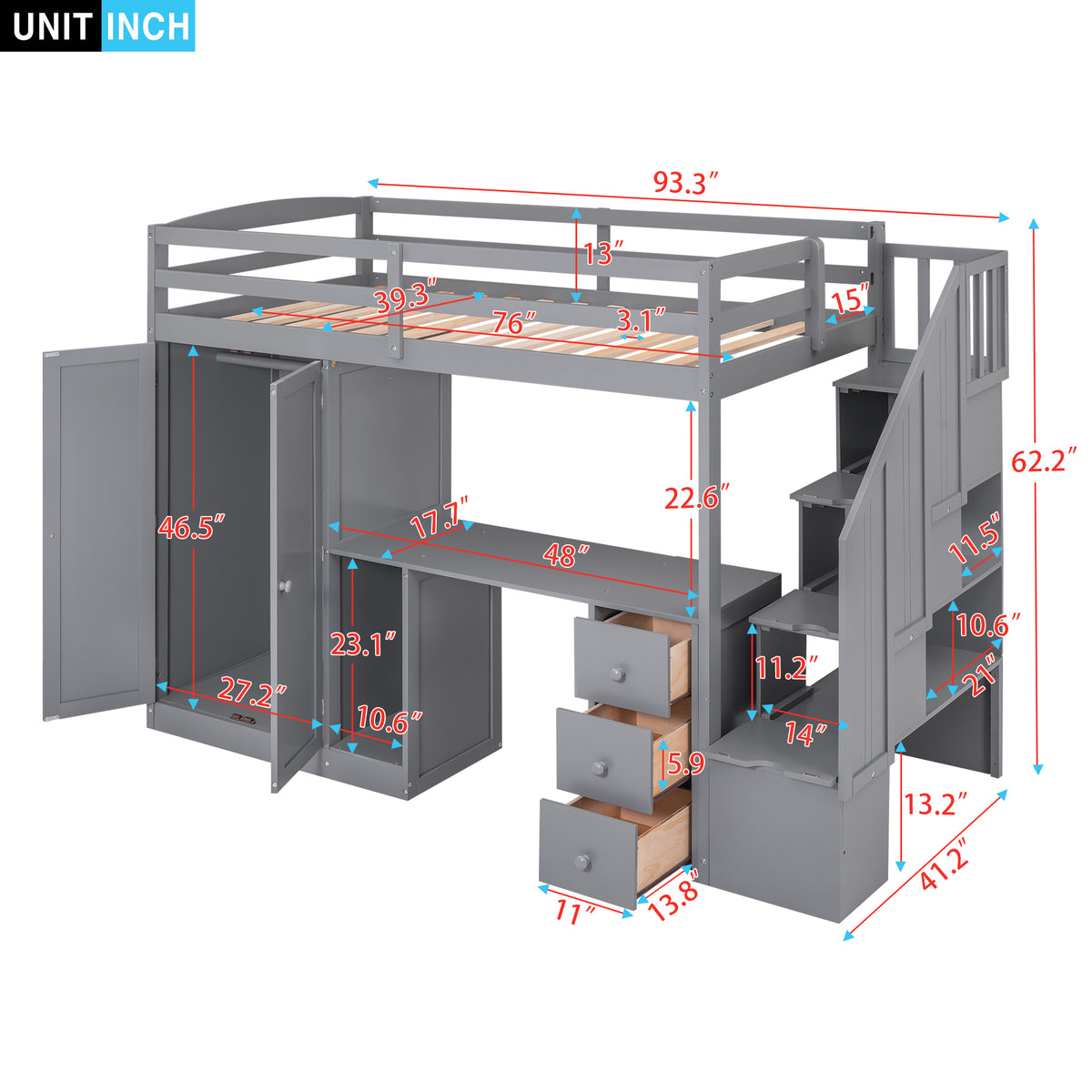 Twin Loft Bed with Wardrobe Gray