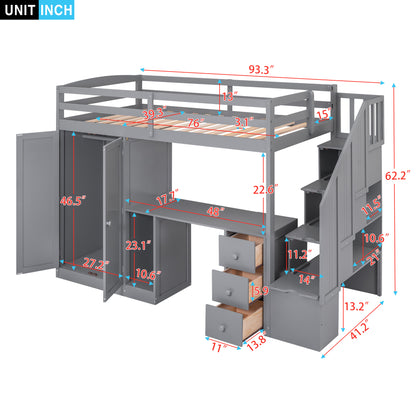 Twin Loft Bed with Wardrobe Gray