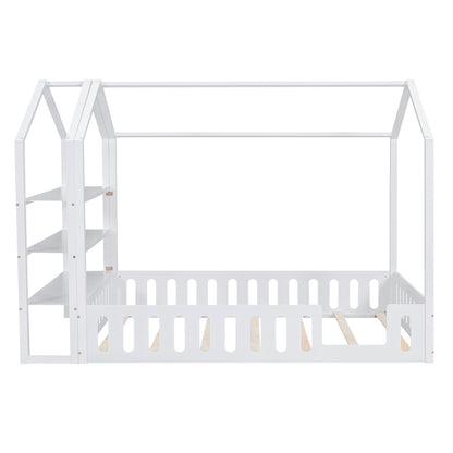 Full Platform Bed with Storage Shelves White