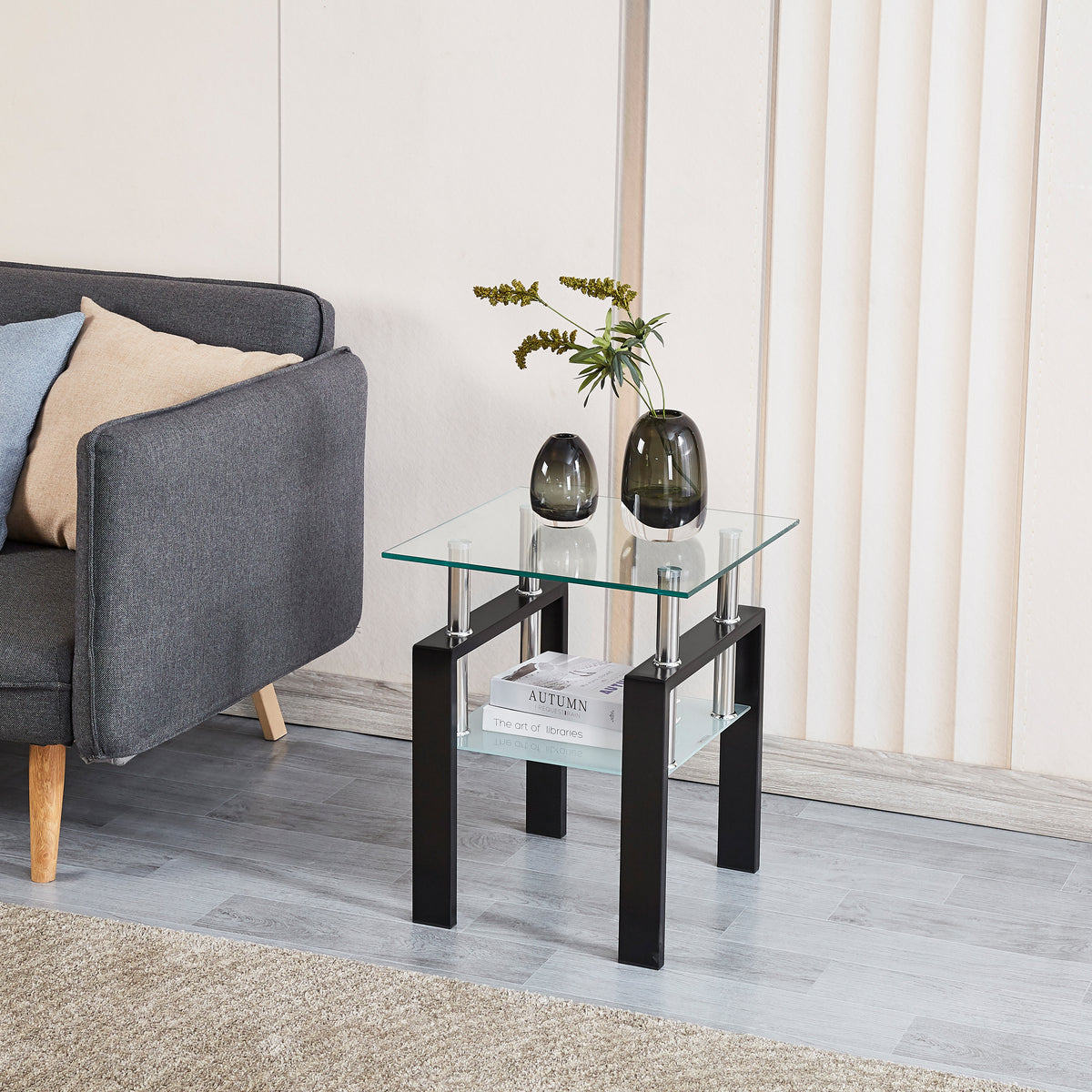 Tempered Glass End Table with Storage Shelf