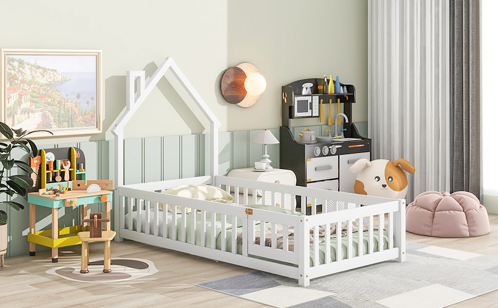 Twin Floor Bed with Fence – White Finish