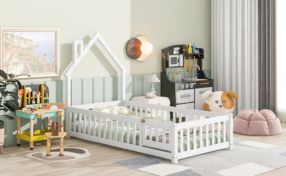 Twin Floor Bed with Fence – White Finish