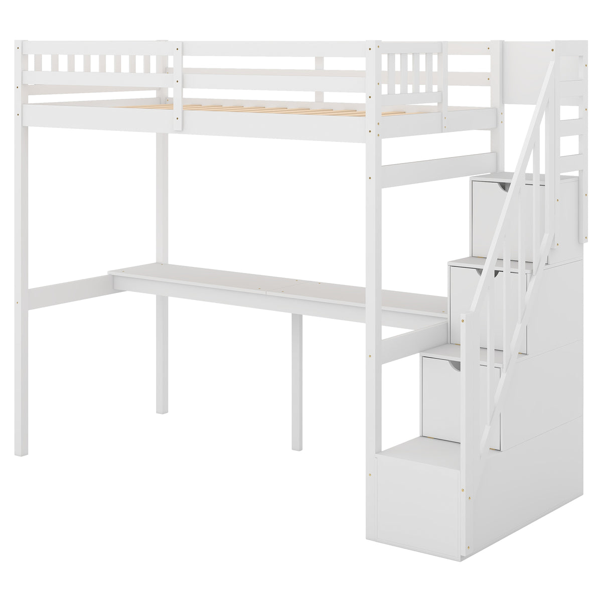 Twin Loft Bed with Staircase and Desk White