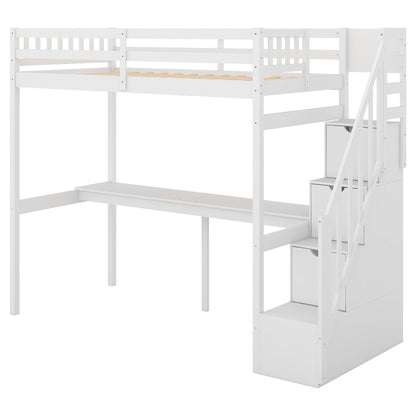 Twin Loft Bed with Staircase and Desk White