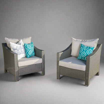 Grey PE Wicker Outdoor Club Chairs – Set of 2 with Cushions